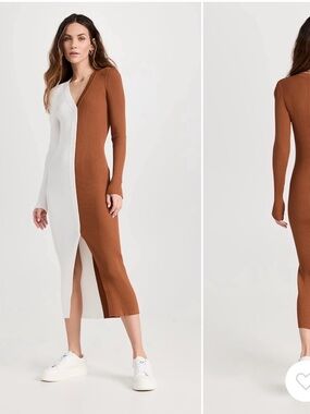 STAUD Two-Tone Ribbed V-Neck Midi Dress in White & Brown